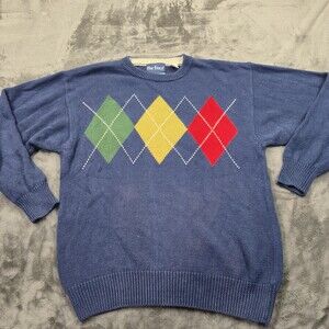 Par Four Sweater Mens XL Blue Argyle Crewneck Hand Loomed Ramie Cotton Golf